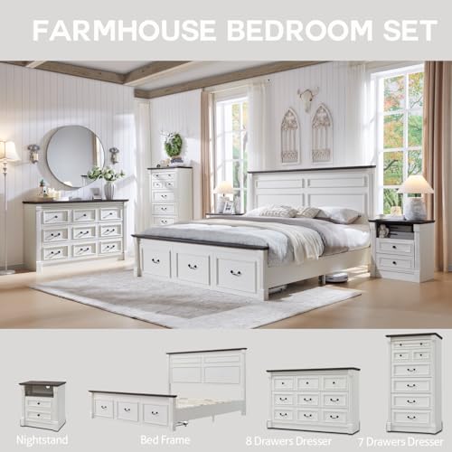 Farmhouse King Size Bed Frame w/51 Tall Headboard, Antique White