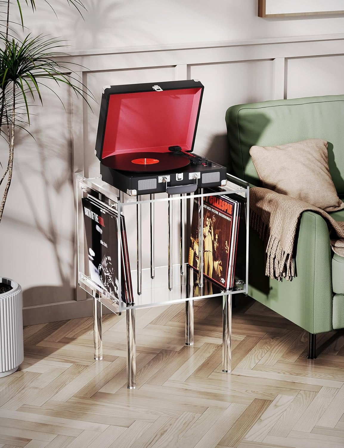 Acrylic Record Player Stand, with Vinyl Storage, Clear Acrylic Side Table (Clear)