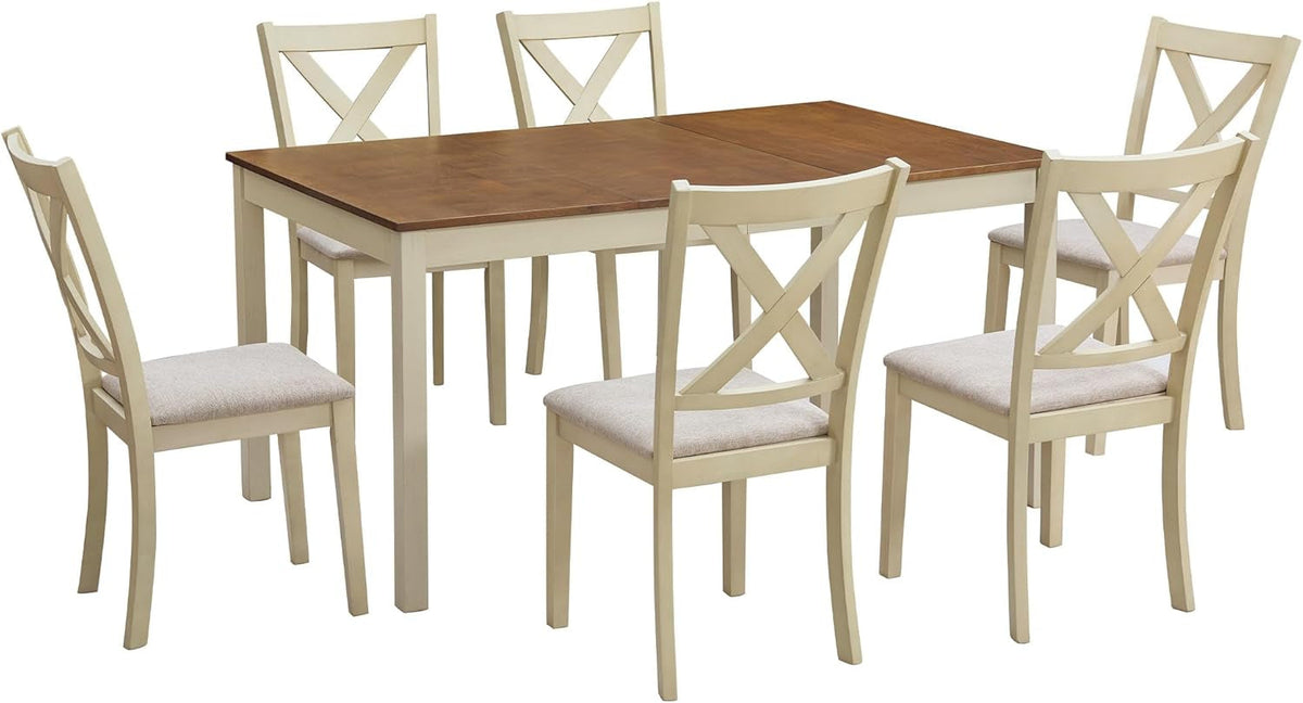 7-Piece Farmhouse Solid Wood Dining Table Set with 6 Upholstered Chairs, 60" Space Saving Dinner Table & Chairs Set, for Dining Room, Kitchen, Restaurant, Rustic Cream