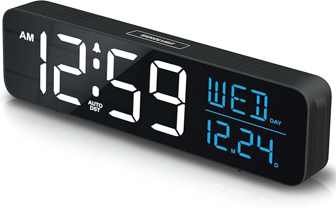 Peakeep Large Display Digital Alarm Clock for Bedrooms, Date Day of Week Calendar Desk Table Clocks for Living Room Office, Dimmable Plug in Electric Clock, 5 Volumes, Loud, Auto DST