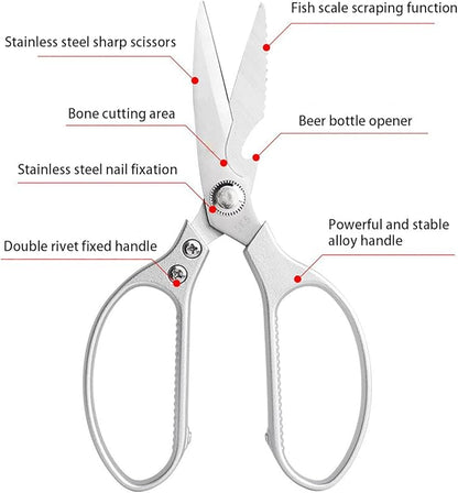 Kitchen Scissors All purpose, Have duty Stainless Steel Cooking Shears for Cutting Meat,Chicken, Poultry, Fish, Herbs, Seafood Scissors with Comfort Grip siver