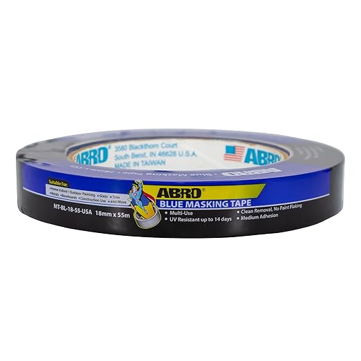 ABRO Blue Painters Tape: 18mm x 55M All Purpose Blue Tape, Temporary Labeling, Easy Tear, Clean Removal, Masking Tape Colored, DIY or Pro Use