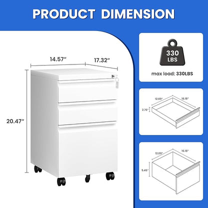 MIIIKO White Filing Cabinet 3 Drawers on Wheels Under Desk, Metal Rolling File Cabinet with Lock for Home Office, Small Mobile File Cabinet for Letter Legal File Folders, Un-Assembled