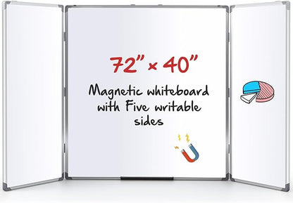 72” x 40” Foldable Whiteboard Dry Erase Board Large Tri Folding Whiteboard Magnetic Dry Erase Board, Wall Aluminium Frame and Pen Tray for Office, Home