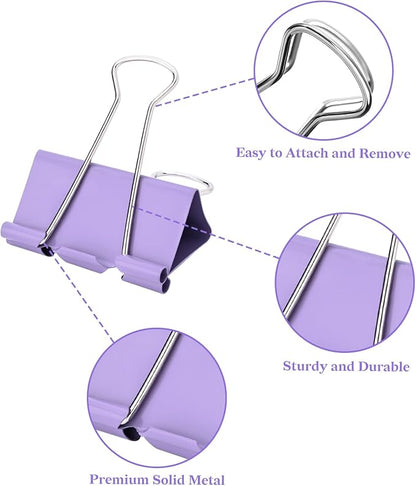Temiary Metal Binder Clips, Assorted Sizes Extra Large, Large, Medium, Small, Mini, Micro Binder Paperwork Clip, Morandi Colored Paper Clamps Bulk for Office, Home, School (Purple 208P)