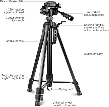 PULUZ Camera Tripod, 55"/139cm Lightweight Portable Travel Outdoor DSLR Tripods for Camera Phone Video Recording Tripod Stand, Cellphone Clip for Smartphone Live Streaming Vlog