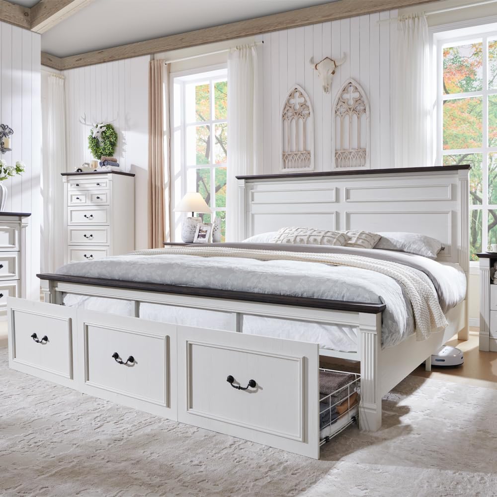 Farmhouse King Size Bed Frame w/51 Tall Headboard, Antique White