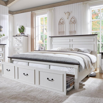 Farmhouse King Size Bed Frame w/51 Tall Headboard, Antique White