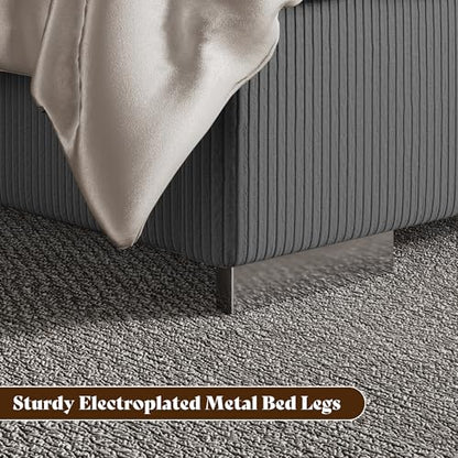King Bed Frame with Fireplace, Upholstered Headboard, Dark Gray