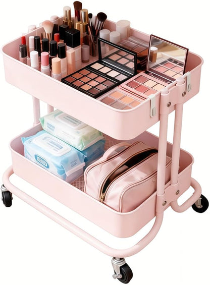 LIWNYRK 2 Tier Rolling Cart with Wheels for Under Desk Storage, Pink Small Rolling Pantry Storage Cart for Small Space, Metal Short Utility Shelf for Vanity Kitchen Bathrrom Laundry Organization