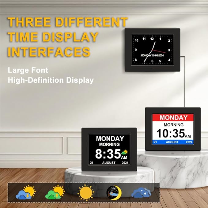 8‘’ Digital Calendar Day Clock, Gifts for People with Dementia Alzheimers, Large Display Alarms Clock for Seniors Electric Clocks with Date Day of Week 12 Alarms 4 Colors Auto DST/Dimmer