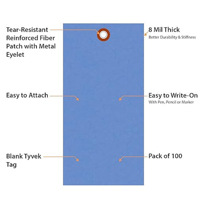 SmartSign (Pack of 100) Blue Blank Tyvek Shipping Tags with Metal Eyelets, 6.25 x 3.125 Inches, Size #8, 8 mil Thick, Durable for Shipping, Inventory, and Color Coding