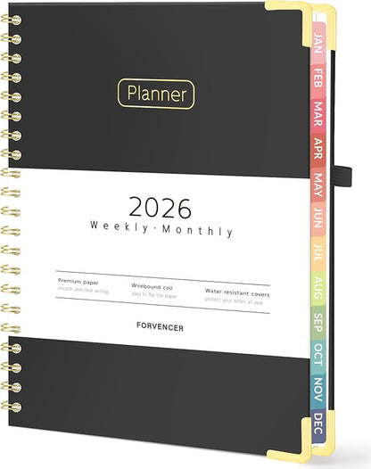 Forvencer 2026 Planner, Hardcover Calendar Planner Weekly and Monthly, Jan 2026 - Dec 2026, 8.5" x 11", Spiral Agenda Book with Tabs, Exquisite Daily Journal Organizer for Home School, Black