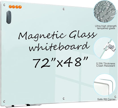 Large Glass Dry Erase Board - 72"x 48" Frameless White Board with Super Strong Magnets, Glass Whiteboard for Office School Home, Wall Mounted