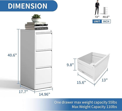 FLIXELIO 3 Drawer File Cabinet with Lock,Metal Vertical Filing Cabinets for Home Office,Heavy Duty File Storage Cabinet for Letter/Legal/A4/F4 Size File,Assembly Require (White, Vertical 3 Drawer)