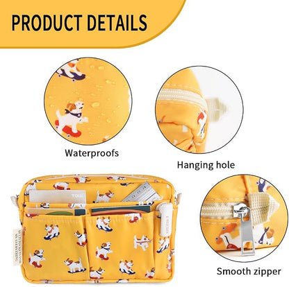 E-WEICHEN Multiple Pockets Portfolio Organizer with Zippered, Makeup Bag Travel Essentials for Women, Simple Waterproof Stationery Pencil Pouch Bag for Journal Office Art Supplies.Yellow Dog