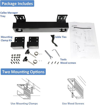 AEONS Under Desk Cable Management Tray Wire Cord Organizer Removable C Clamp Mount No Drill Computer Cord Raceway and Modesty Panel, Black, 16-inch