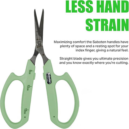 Saboten Stainless Steel Straight Blade Trimming Scissors Green PT-12 160mm Precision Gardening Bonsai and Floral Shears Made in Japan