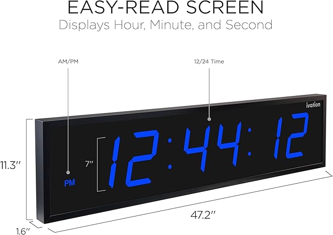 Ivation Huge Oversized 48" Large Digital LED Clock | Big Digital Clock w/Multi-Function Display – Stopwatch, Timer, Alarms, Temp & Date | 6 Brightness Levels, Time Memory & Remote (Blue)