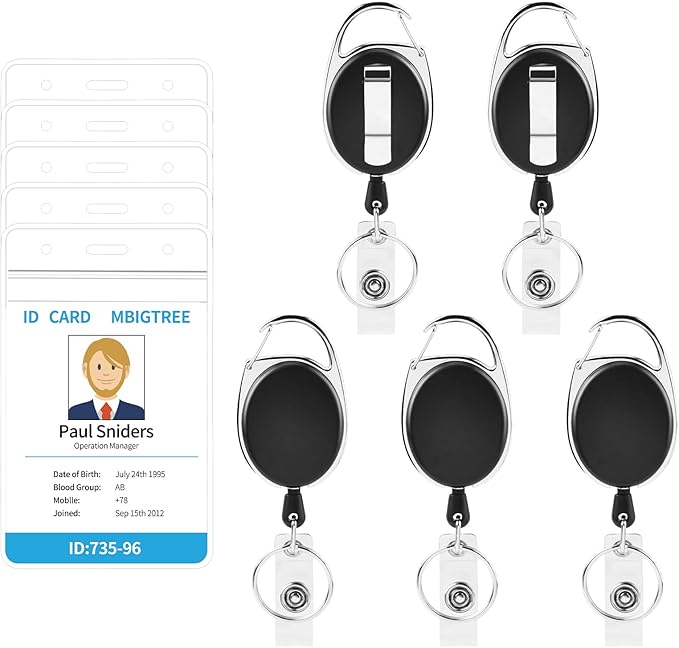 5 Pack ID Badge Holder,Badge Holder Retractable Clip with Carabiner Reel Clip and Key Ring for Men and Women