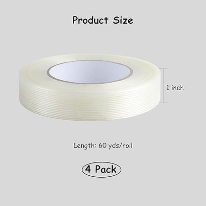 Lichamp Mono Filament Strapping Tape, 4 Roll 1 Inch x 60 Yards 5.9 Mil Transparent Fiberglass Tapes, Reinforced Packing Tape