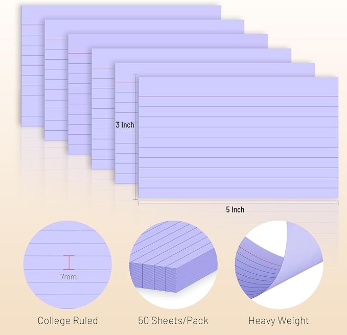 300 Count Index Cards 3 x 5 Inch Ruled Purple Index Cards, Flash Cards College Ruled for School, College, Office and Home Organization, Durable Study To Do List Note Cards with Ruled Lines