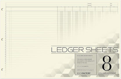 BookFactory Ledger Sheets/Large 8 Column Accounting Ledger Columnar (Eight Columns) Loose Leaf Paper - 17'' x 11'', 50 Pages, Loose Leaf, 3 Hole Punched (Made in USA)