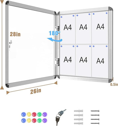 Mifuro 28"x26" Enclosed Bulletin Board, Lockable Weather-Resistant Aluminum Noticeboard for School & Office, Silver Frame w/Magentic Whiteboard