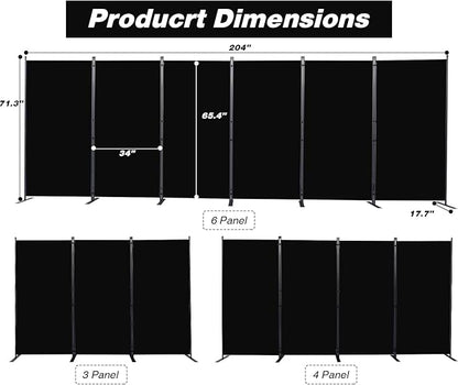 CHOSENM Room Divider, 6 Panel Folding Privacy Screens with Wider Support Feet, 6 Ft Portable Room Partition for Room Separator, 204" W X 71" H, Black