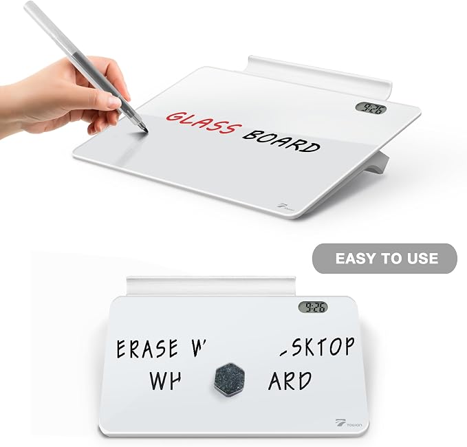 Small Glass Desk Whiteboard Dry-Erase Board with Clock, Small Travel Clock Keychain with Desk Notepad, Time Table Whiteboard for Desk Digital LED Light Display, 8x6 in with Accessories, White