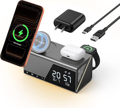 TobenONE 6-in-1 Alarm Clock Wireless Charging Station for Apple Devices, Night Light, Nightstand, MagSafe Magnetic Phone Charger, Fast Charging for iPhone 17 16 15 14 13 Pro Max, Apple Watch, AirPods