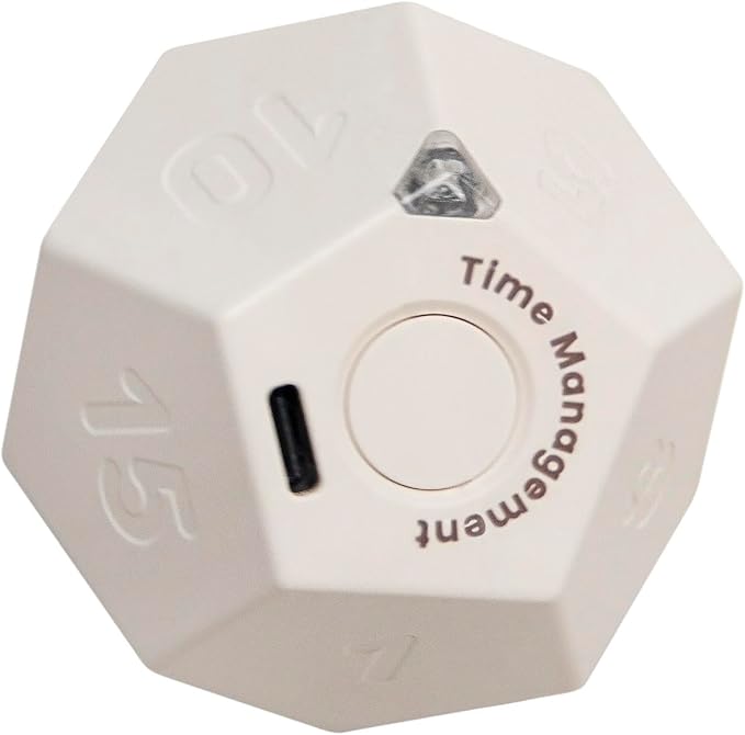 Mini 12 Sided Cube Timer, 11 Preset Times Pomodoro Timer for Enhanced Productivity. Ideal for ADHD Management, Workout, Study & Kitchen Cooking. Easy to Use（White）