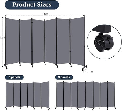 Room Divider Folding Privacy Screens with Lockable Wheels, 132'' Fabric Partition Room Dividers Freestanding Room Divider Panel for Room Separation, Wall Divider for Home Office Bedroom Studio Decor