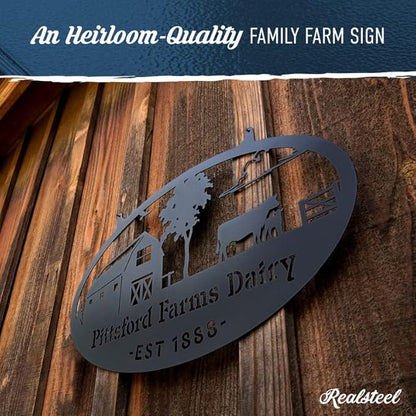 RealSteel Personalized Metal Farmhouse Sign - Custom Farm Scene Wall Art with Barn, Horse, Trees, and Fence - Custom Last Name & Established Date - Durable Outdoor Garden and Patio Decor