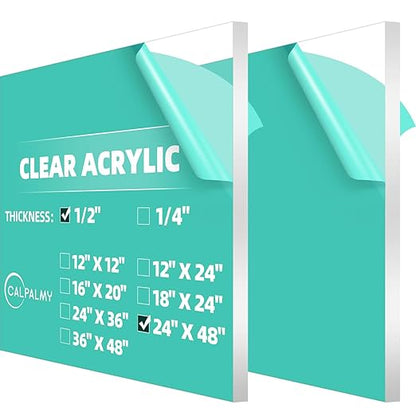 CALPALMY (2 Pack) 1/2" Thick Clear Acrylic Sheets 24" x 48", Pre-Cut Plexiglass Sheets for Craft Projects, Acrylic Signs, Display Cases or Shelving and More - Easy to Cut with Power Saw etc