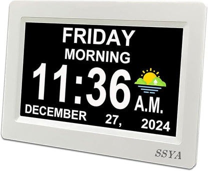 SSYA Digital Calendar Alarm Clock - Dementia Clocks for Seniors, Non-Abbreviated Memory Loss Clock with Date and Time for Elderly (White)