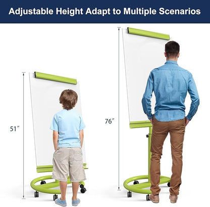 TSJ OFFICE Rolling Whiteboard Standing - 40 x 26 Inches Magnetic Mobile White Board with Stand, Height Adjustable Dry Erase Board on Wheels with Paper Clamp on Top, Green