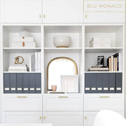 BLU MONACO | Set of 6 Foldable Grey Magazine File Holders with Gold Label Holders | Vertical File Organizer Boxes for Desk, Bookshelf & Home Office Storage