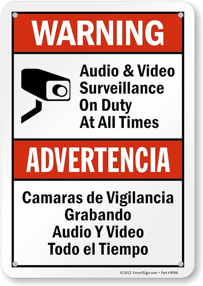 SmartSign 10 x 7 inch “Warning - Audio & Video Surveillance On Duty At All Times” Bilingual Sticker Label, 3 mil Laminated Adhesive Polyester, Red, Black and White, Made in USA