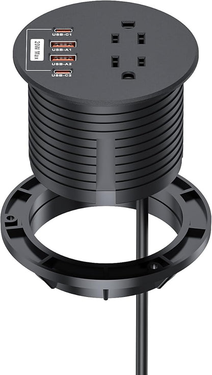 Recessed Power Grommet 3 inch with 20W USB C Ports 2 AC Outlets,Recessed Outlet Fast Charging Station,Desk Hole Grommet Outlets,Round Desktop Power Grommet Outlet for Office,Home (Black, 20W USB)