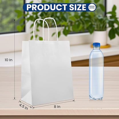 XPCARE 200Pack Paper Bags 8x4.5x10 Inch, Plain Medium Paper Bags with Handles Bulk, Kraft Paper Gift Bag, Retail, Party, Shopping, Favor Bag (White)