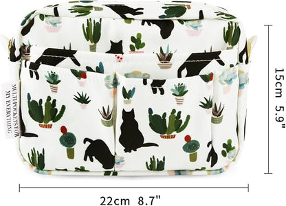 E-WEICHEN Multiple Pockets Portfolio Organizer with Zippered, Makeup Bag Travel Essentials for Women, Simple Waterproof Stationery Pencil Pouch Bag for Journal Office Art Supplies.White Black Cat