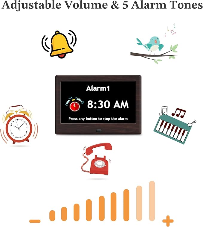 7'' Dementia Clock For Seniors, Large Display Digital Clock With Date, Time, Day Of Week for Elderly, Alzheimer, 1024*600P HD, 10 Reminders & 6 Alarms, Auto Dimming & DST, Remote Control, Brown