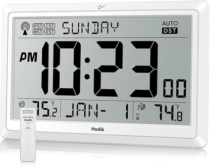 Wall Clock Atomic with Indoor Outdoor Temperature Battery Powered, Easy Reading with 10.5 Inch Large LCD Display, 330FT Range Table Wall Clock with DST, 12/24 Hour for Living Room Kitchen (White)