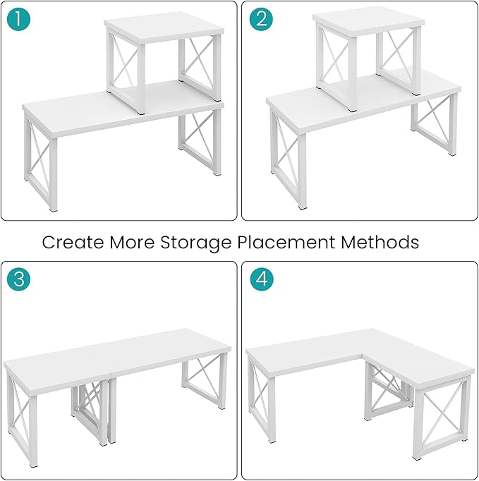 ELITEROO Wood Desktop Shelf, Freestanding Small Bookshelf Dorm Supplies Organizers, 2 Tier Independent Stackable Desk Stand, Adjustable Storage Organizer, Kitchen Counter Display Rack, White