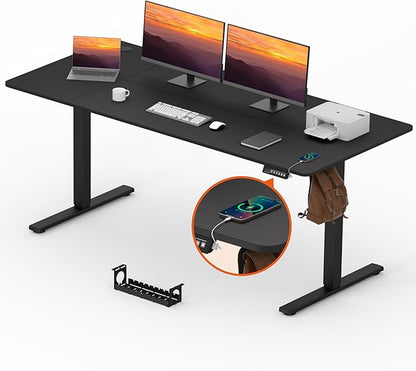 FitStand Adjustable Stand Up Desk, Large 71x31 Inches Height Adjustable Standing Desk with Cable Management, Home Office Computer Desk with Memory Preset & Charging USB Port & Sedentary Reminder