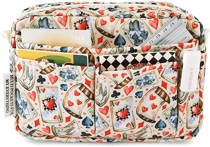 E-WEICHEN Multiple Pockets Portfolio Organizer with Zippered, Makeup Bag Travel Essentials for Women, Simple Waterproof Stationery Pencil Pouch Bag for Journal Office Art Supplies.Beige Poker
