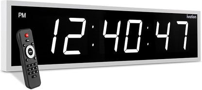 Ivation Huge Oversized 48" Large Digital LED Clock | Big Digital Clock w/Multi-Function Display – Stopwatch, Timer, Alarms, Temp & Date | 6 Brightness Levels, Time Memory & Remote (White)