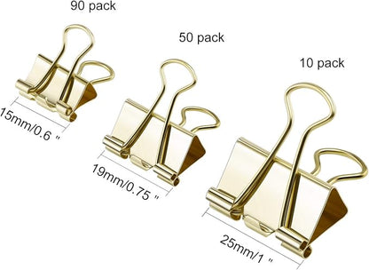 TecUnite 150 Pcs Binder Clips Assorted Sizes Gold Paper Clamps Clips Large Medium Small Office Supplies