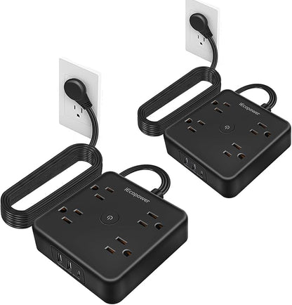 Surge Protector Power Strip 15 ft Cord,Long Power Strip with 4 Widely Outlets, Thin Extension Cord with 3 USB Ports(1 USB C Port),Slim Desk Charging Station,Black(2 Pack)